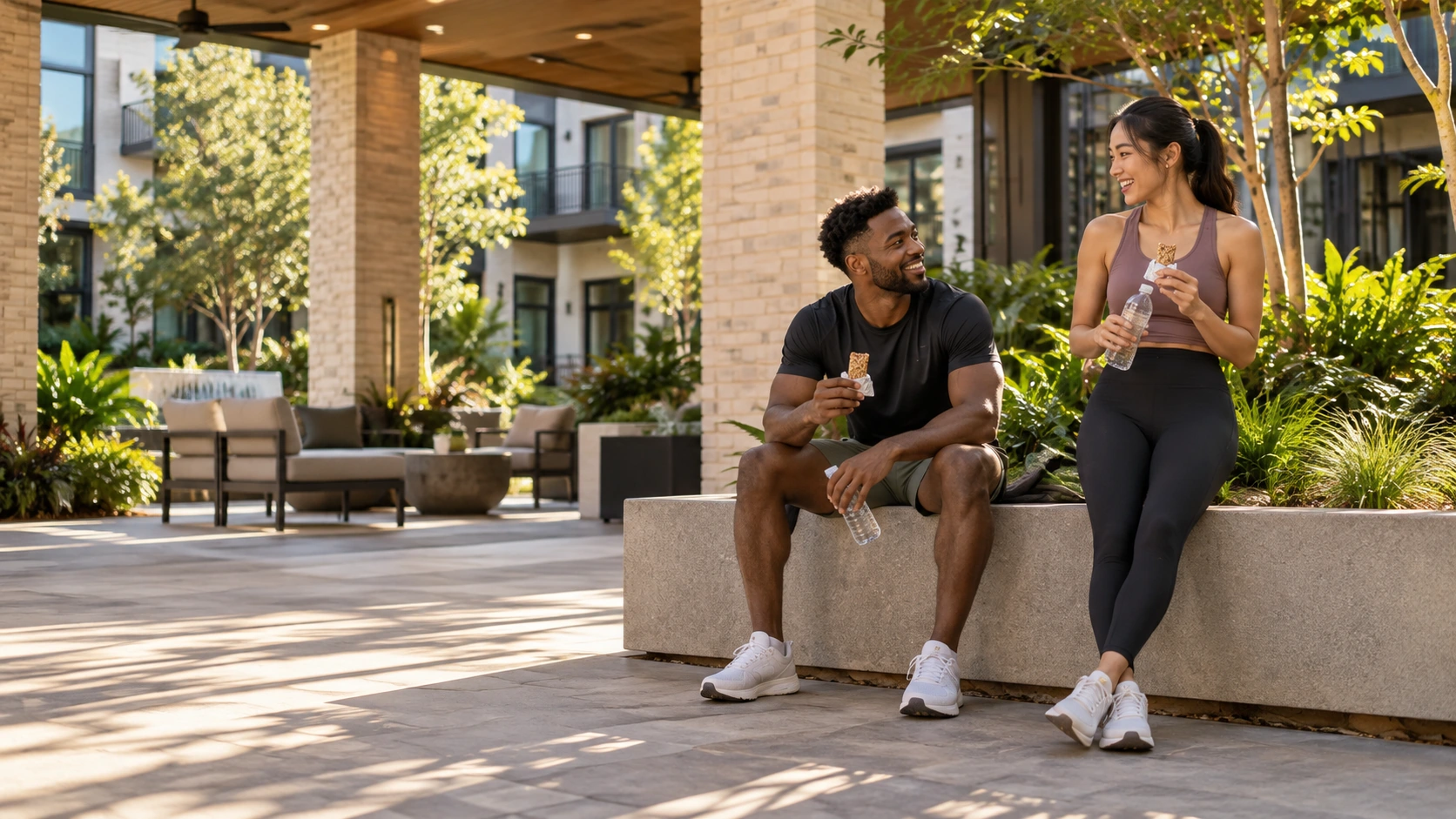 Two friends enjoying granola bars and water in an apartment courtyard after a walk