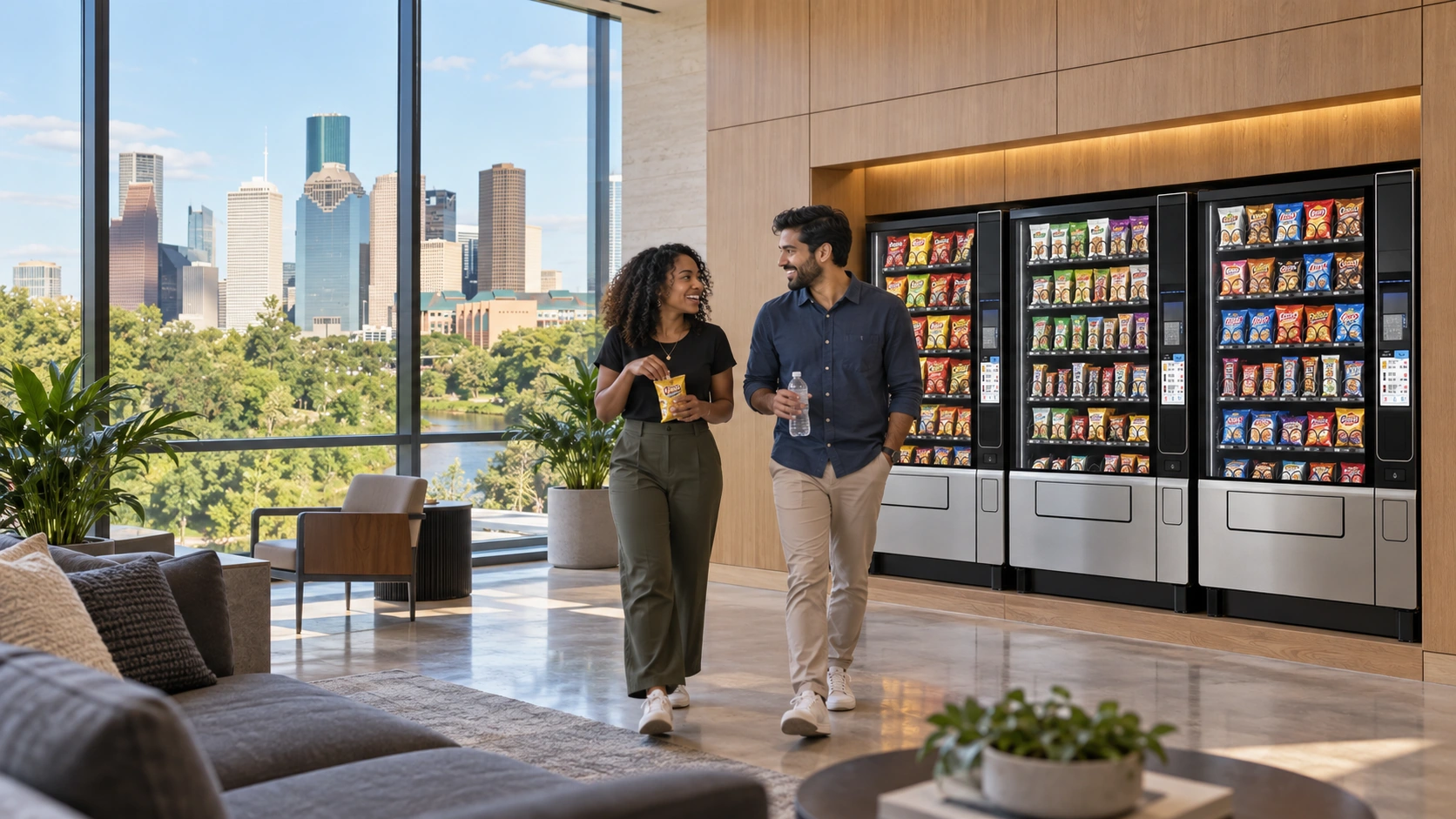 Coworkers enjoying a break beside three recessed Evoke Snack 6 machines in a sunlit workplace lounge
