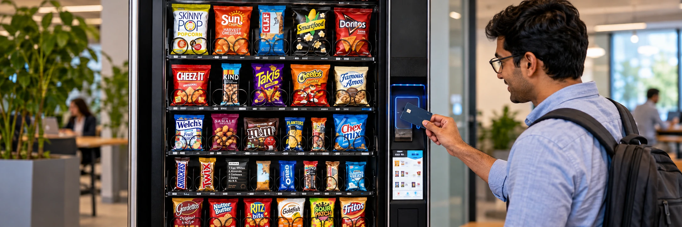 Customer paying by card at an Evoke Snack 6 with a varied snack selection