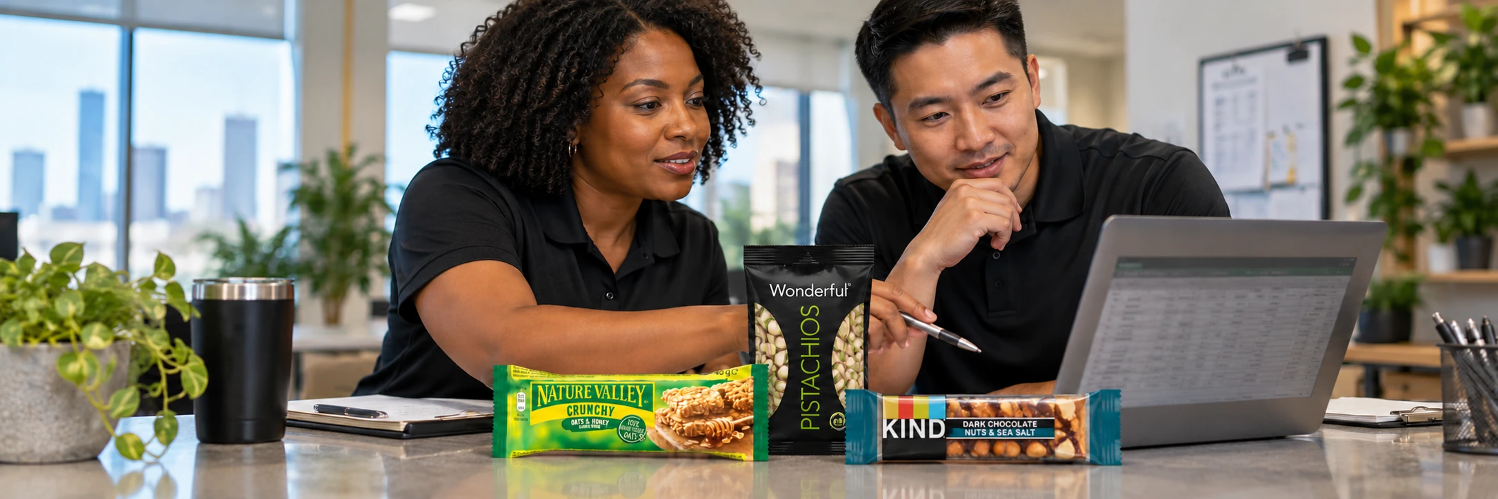 Vending professionals planning a product selection with Nature Valley, KIND, and Wonderful Pistachios