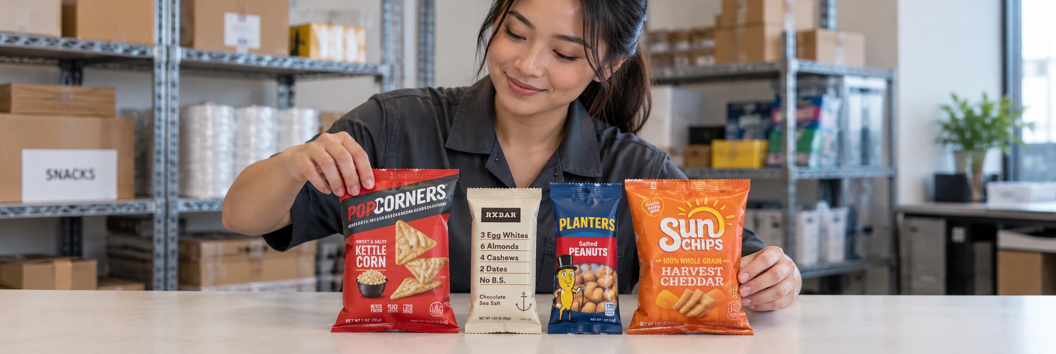 Preparing a varied selection of PopCorners, RXBAR, Planters, and SunChips