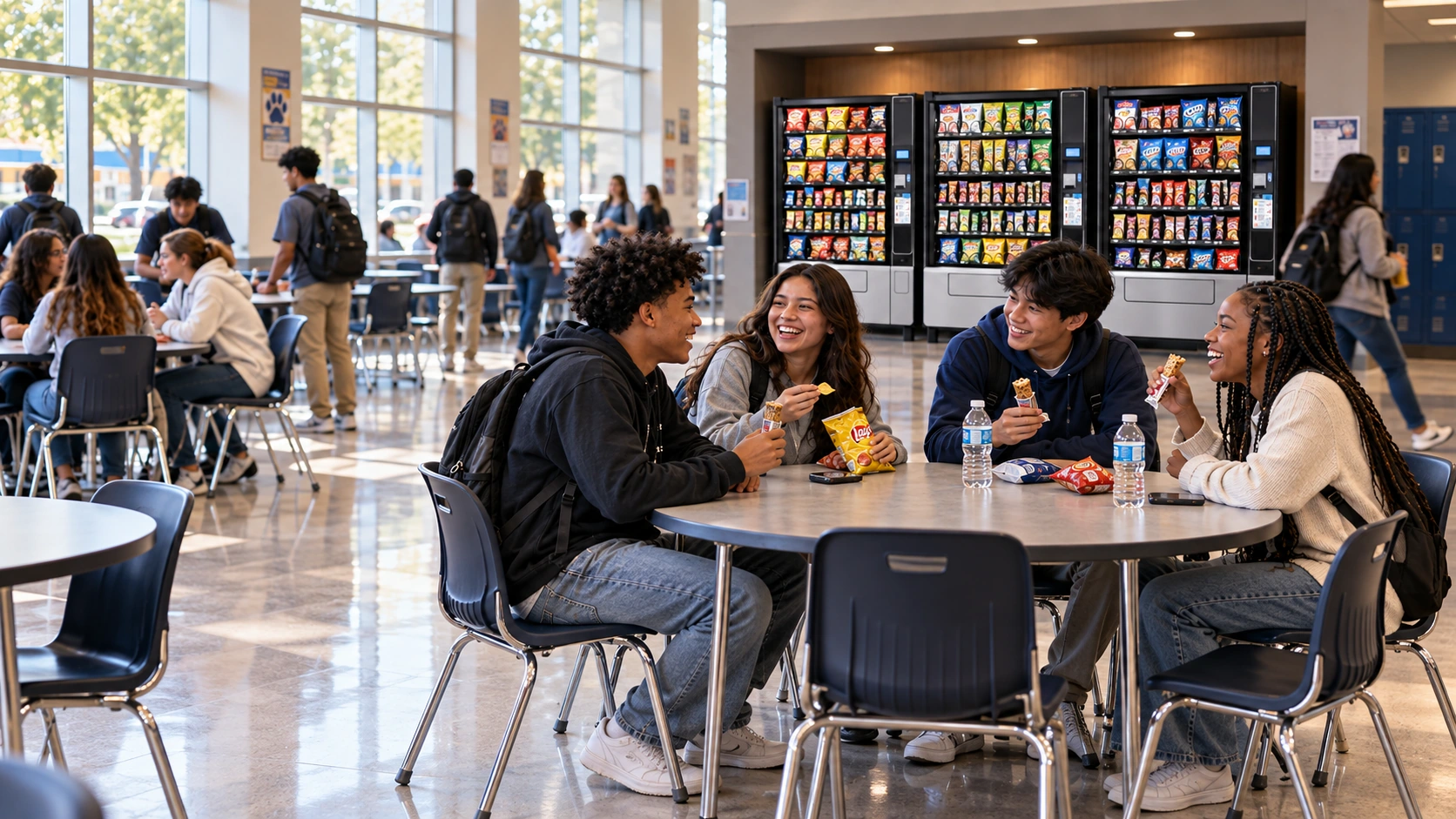 High school students sharing snacks in a school commons with three recessed Evoke Snack 6 machines